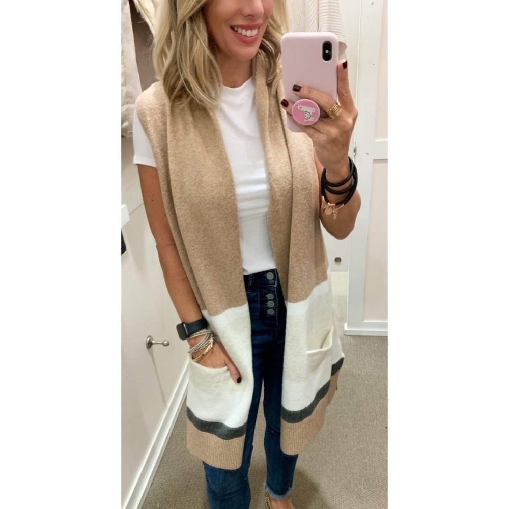 LOFT Multicolor Striped Long Open Sleeveless Cardigan Sweater